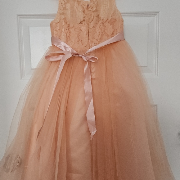 Charming Peach Lace And Tulle Kids Dress - Picture 2 of 3